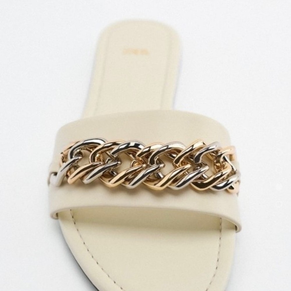 ZARA Flat Leather Slide Sandals with Gold/Silver Chain Size 40 NEW NWT - Picture 2 of 7